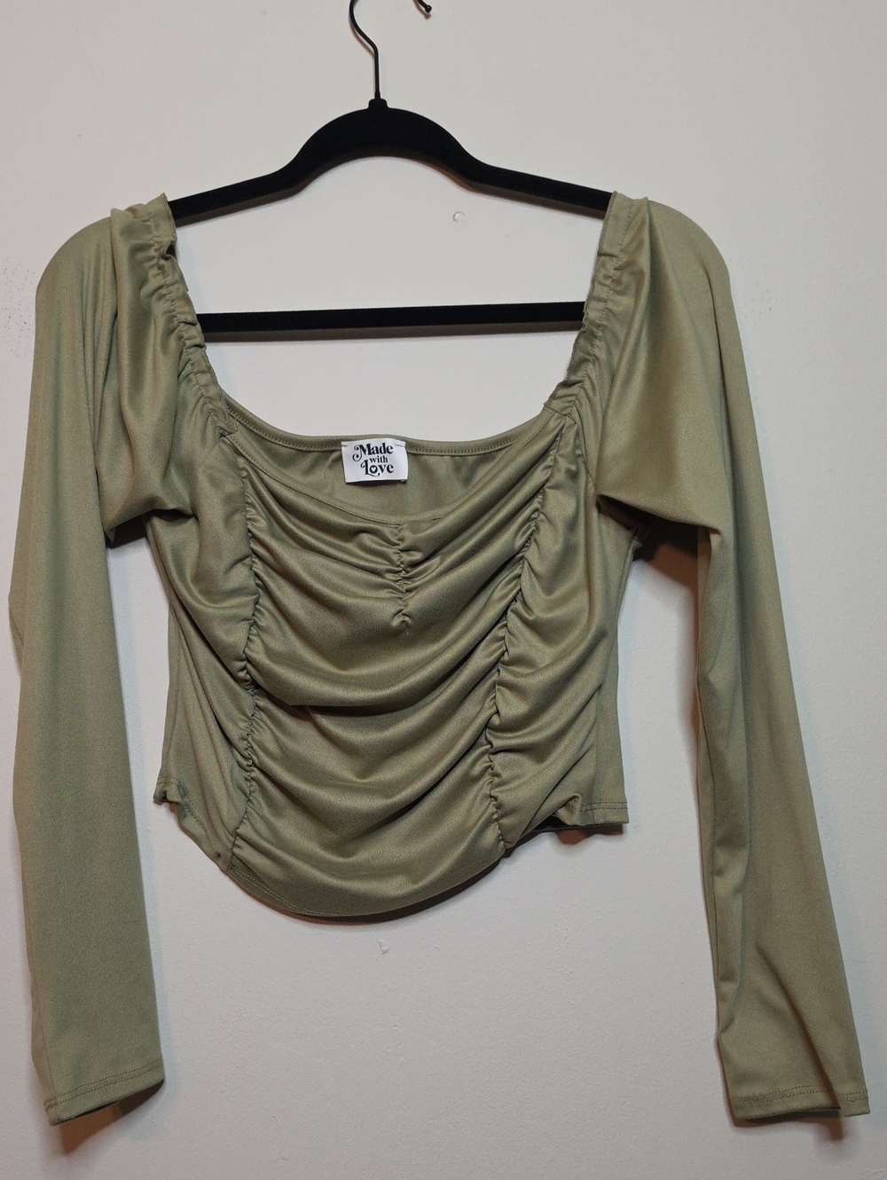 Made With Love Olive Green Ruched Long Sleeve Crop Top